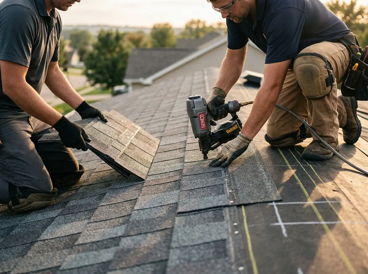Professional roofer working on a residential roof in Nutley